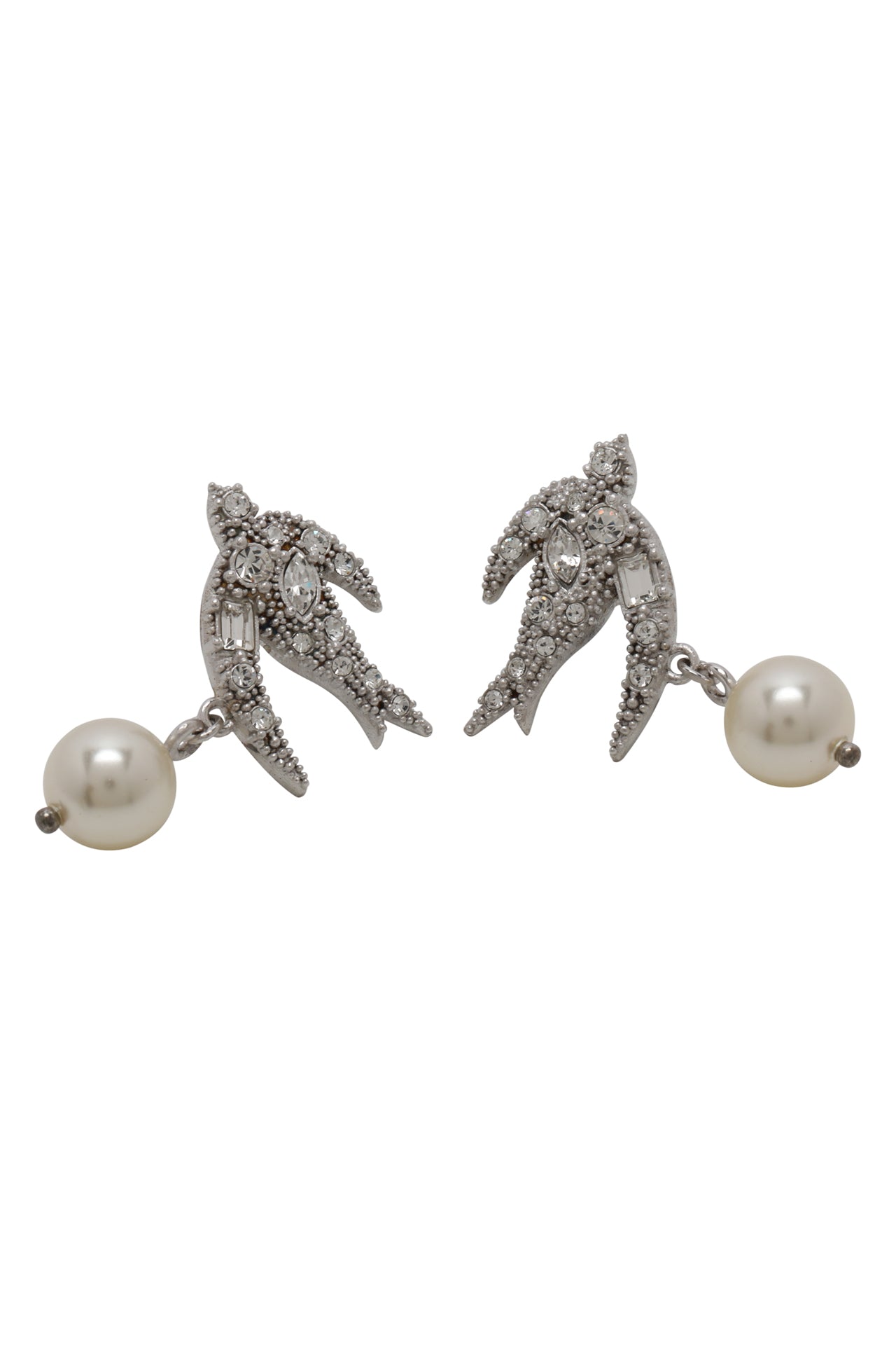 Miu Miu Silver Pearl & Crystal Embellished Swallow Earrings
