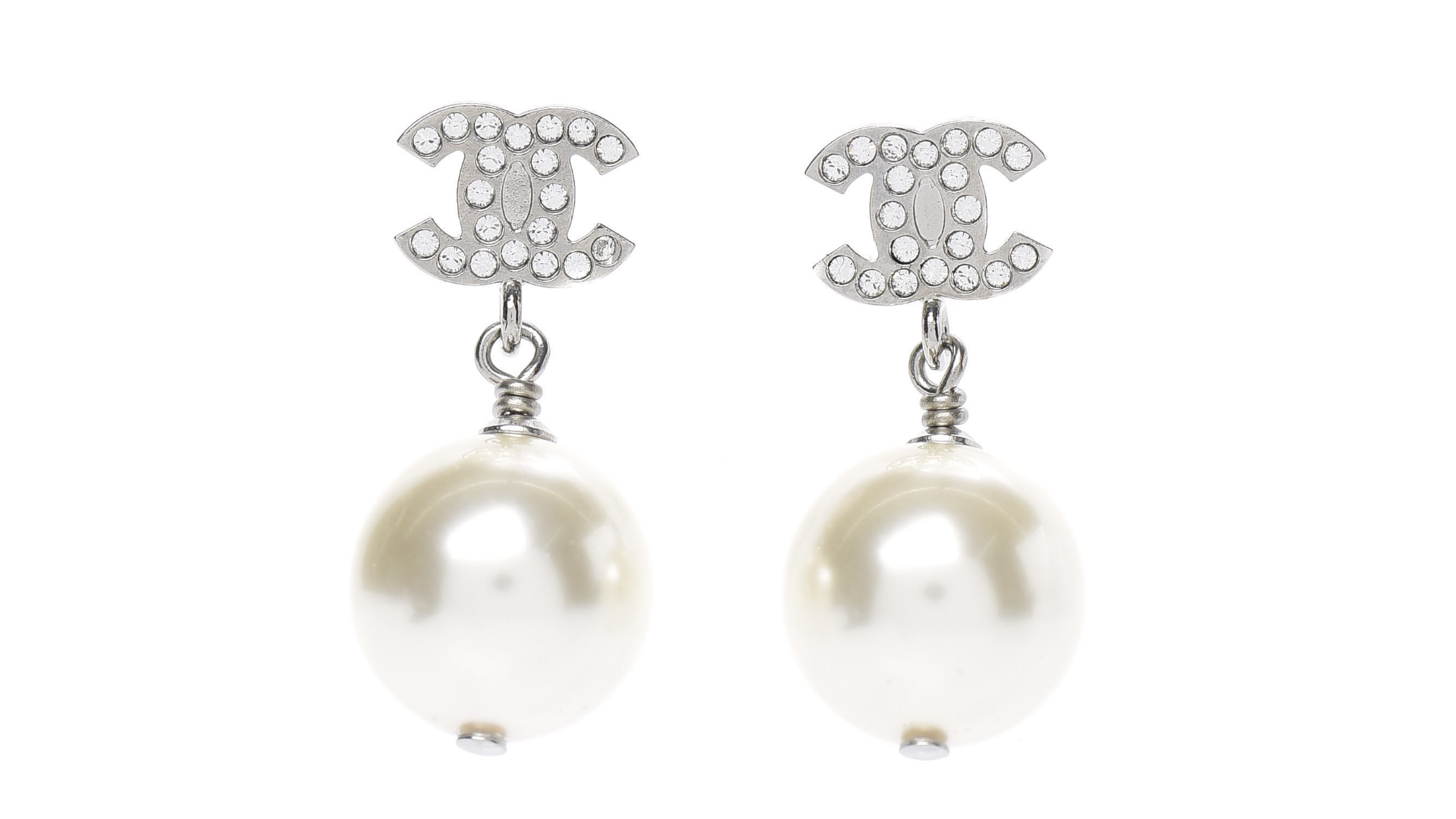Chanel Crystal Pearl CC Drop Earrings Silver