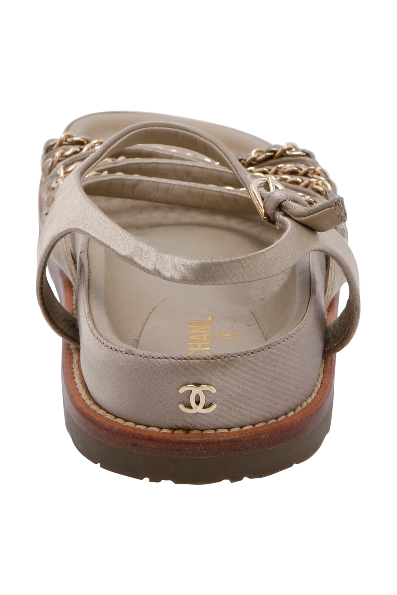 Chanel Beige Satin Chain Detail Ankle Strap Flat Sandals Size EU 38.5