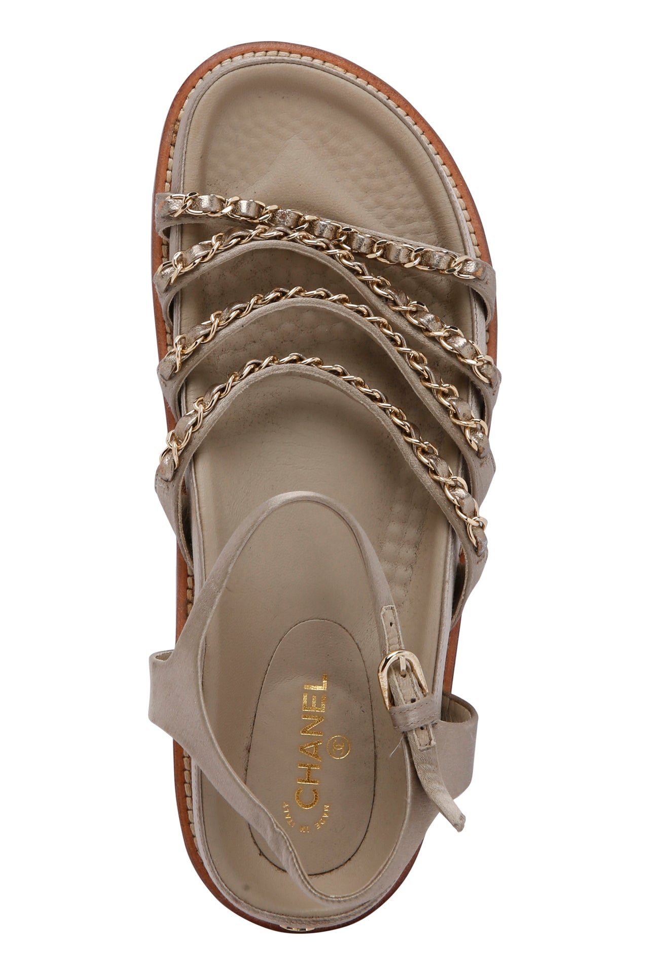 Chanel Beige Satin Chain Detail Ankle Strap Flat Sandals Size EU 38.5