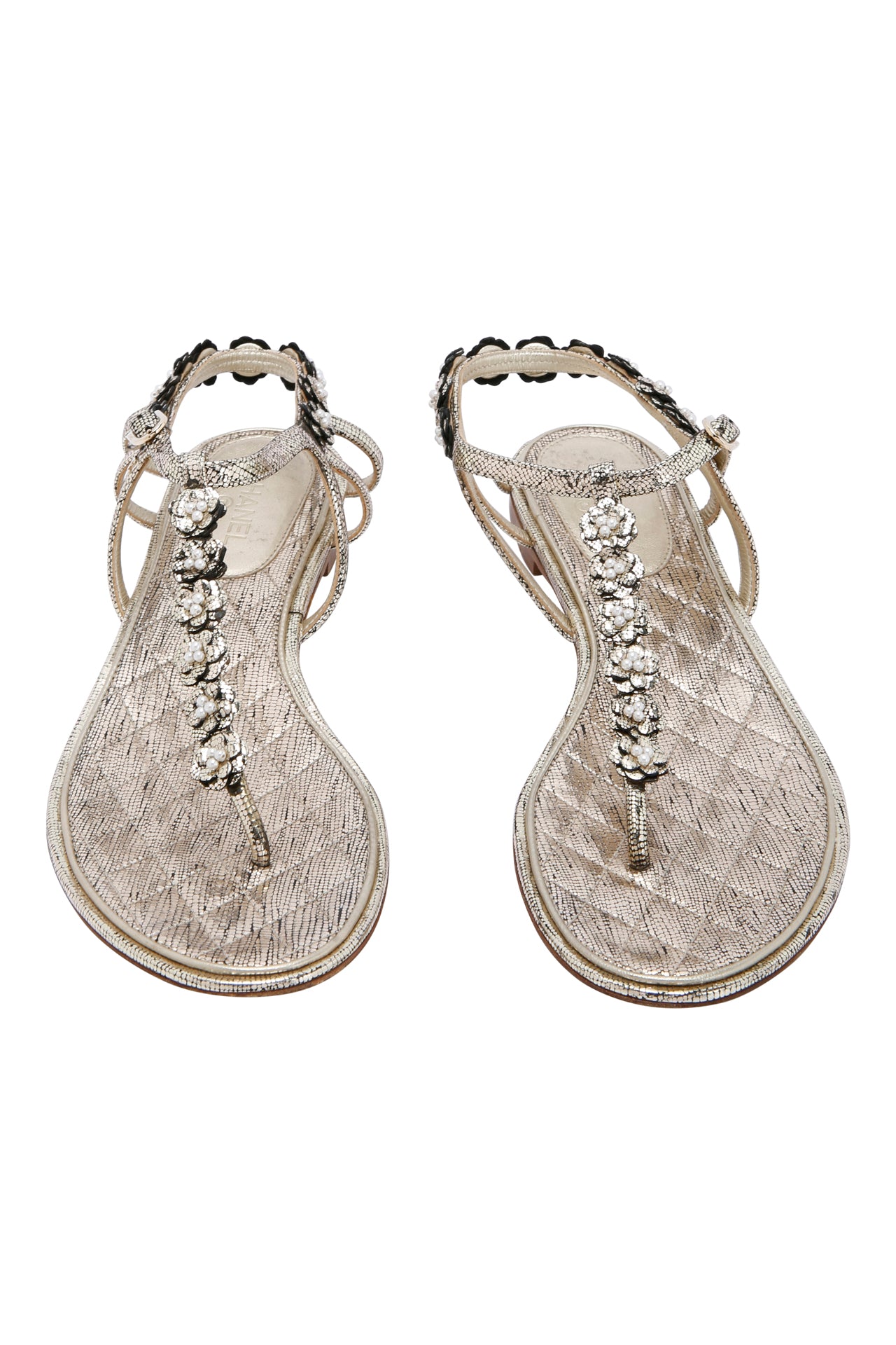 Chanel Metallic Gold Leather Embellished Flat Sandals Size EU 38.5C