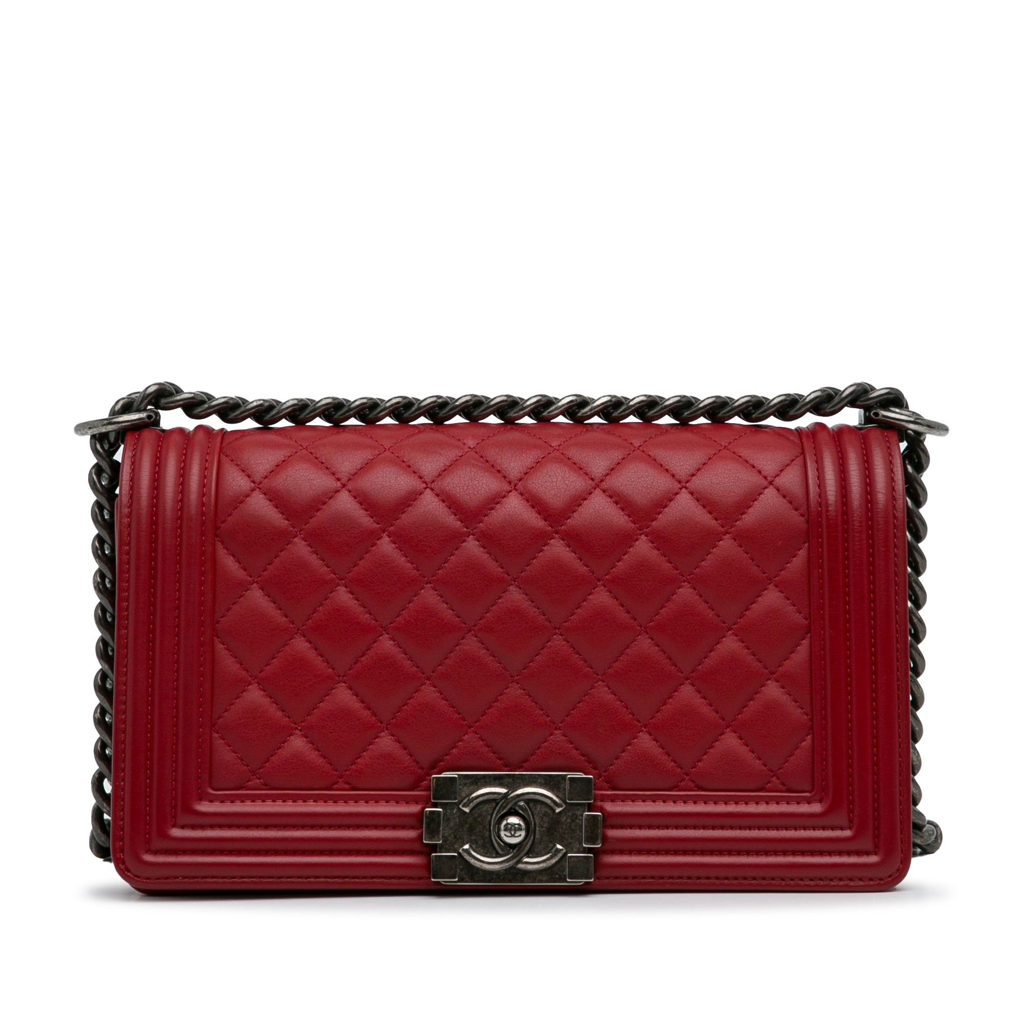 Pre Owned Chanel Medium Lambskin Boy Flap Bag Red Women Dubai