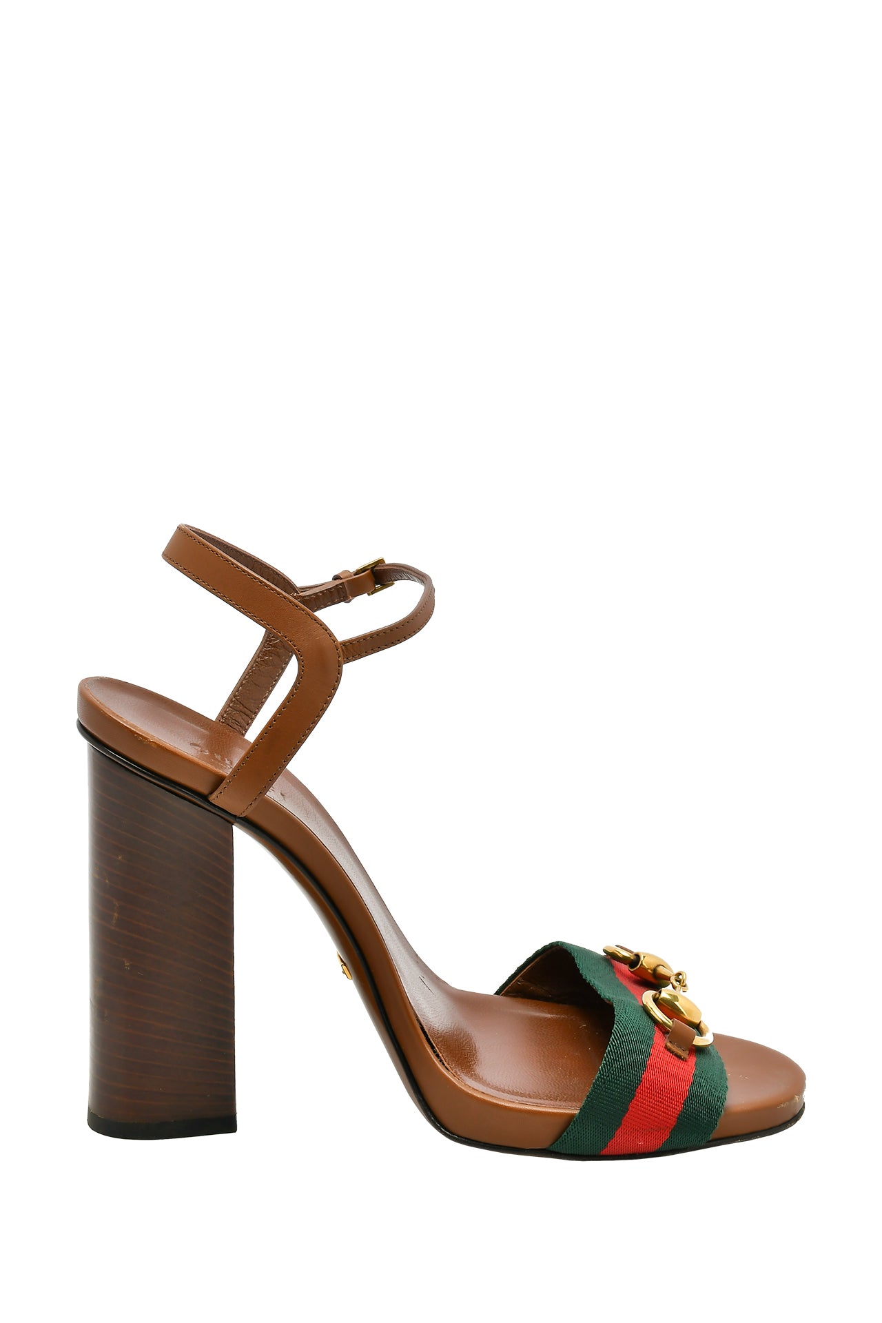 Gucci Brown Leather Horsebit Web Ankle Strap Sandals