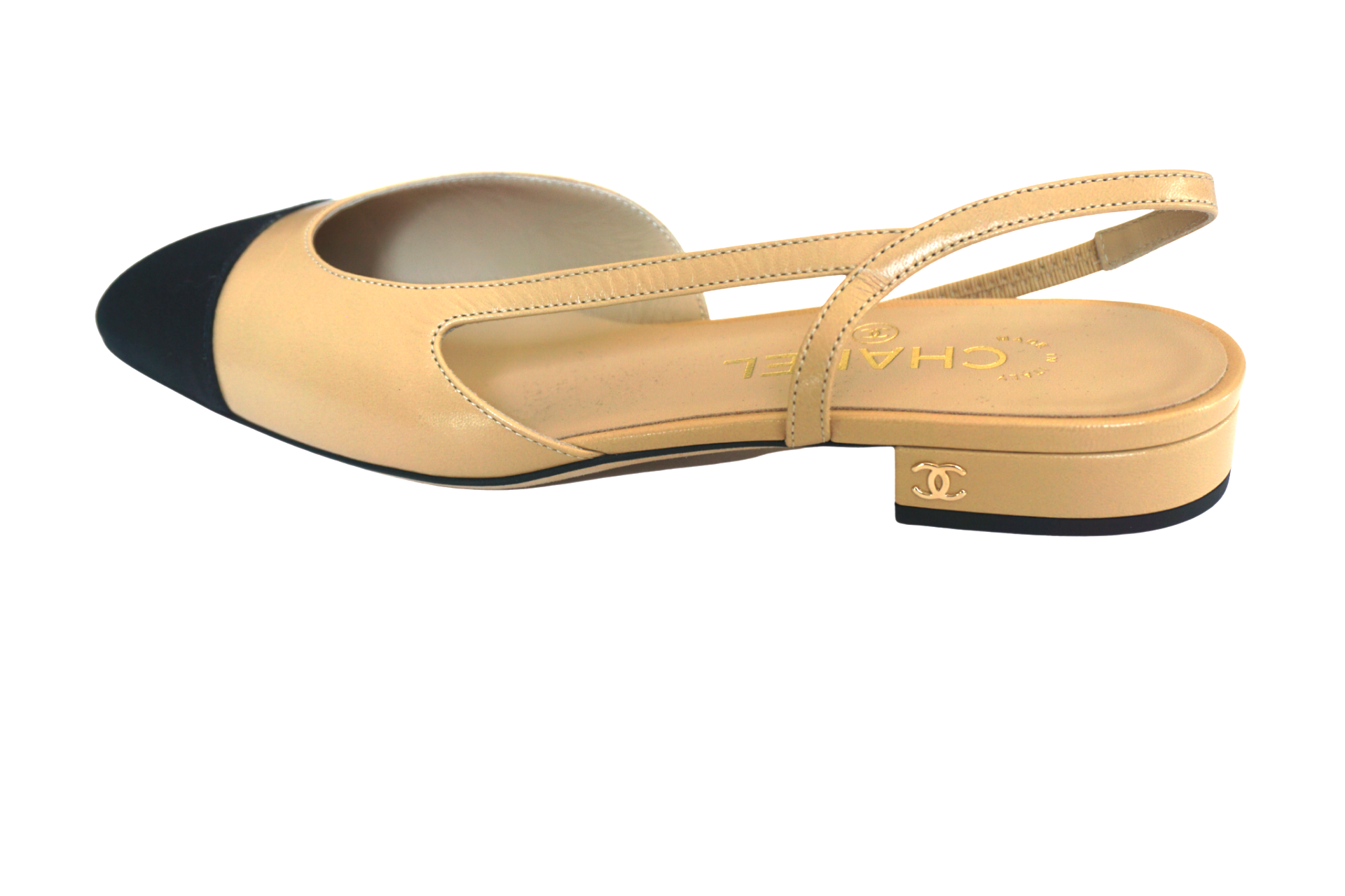 Chanel Beige/Black Fabric and Leather Cap Toe Slingback Sandals Size 36