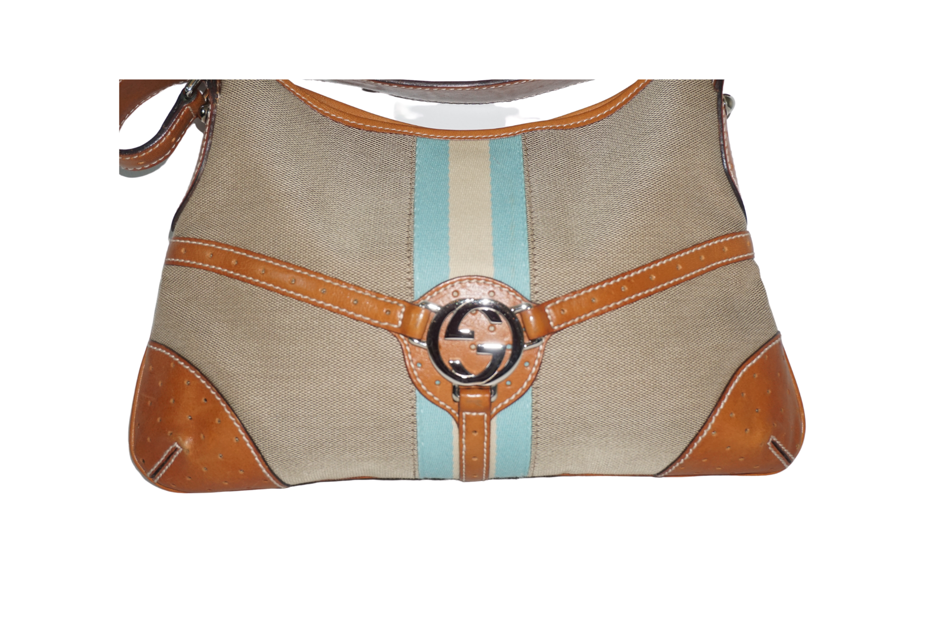 Gucci Taupe Canvas Blue / White Stripe Tan Leather Trim Hobo Bag