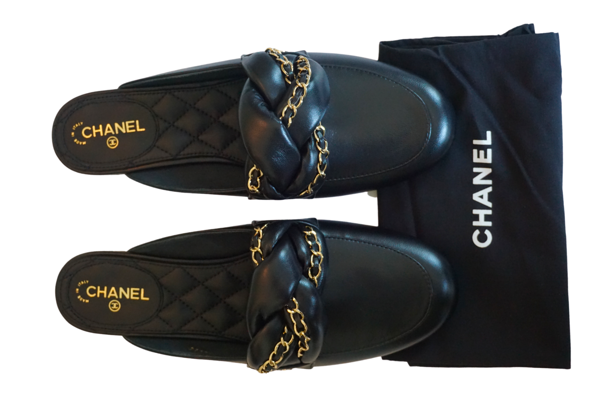 Chanel Black Leather Braided Chain Mule Slides