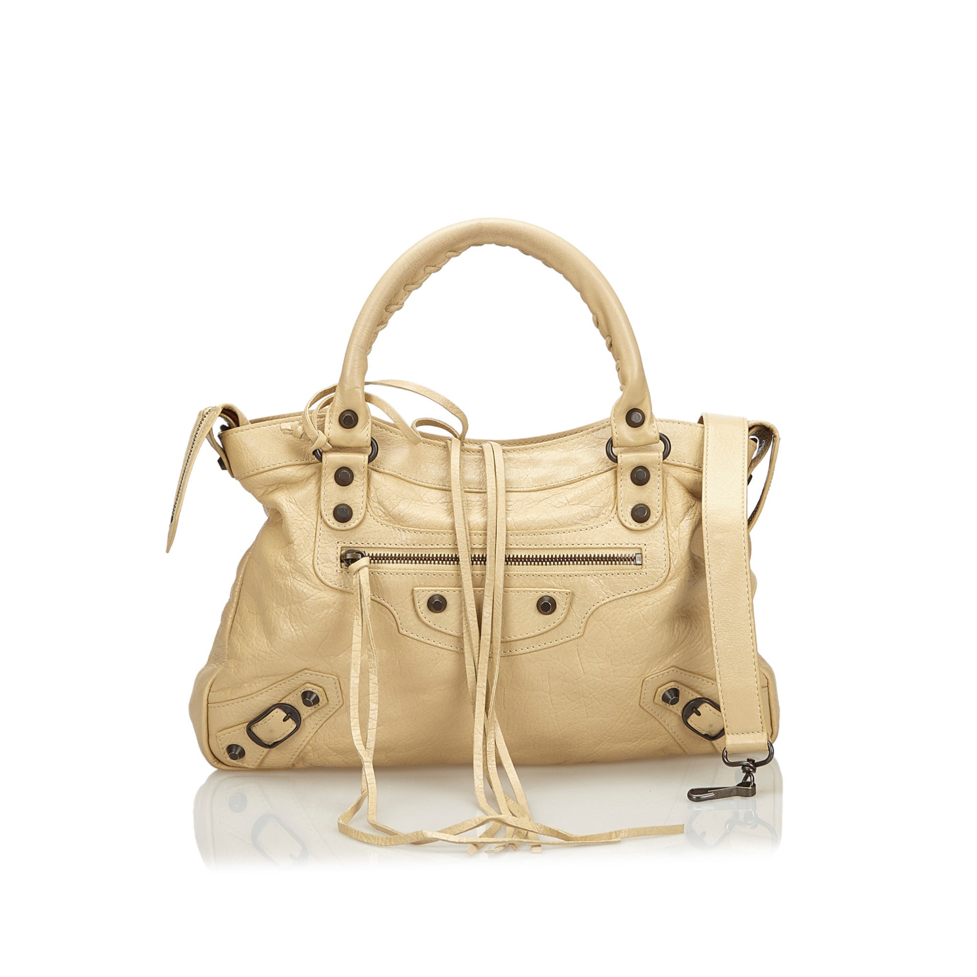 Buy & Consign Authentic Balenciaga Leather Motocross Classic First Satchel Beige at The Plush Posh