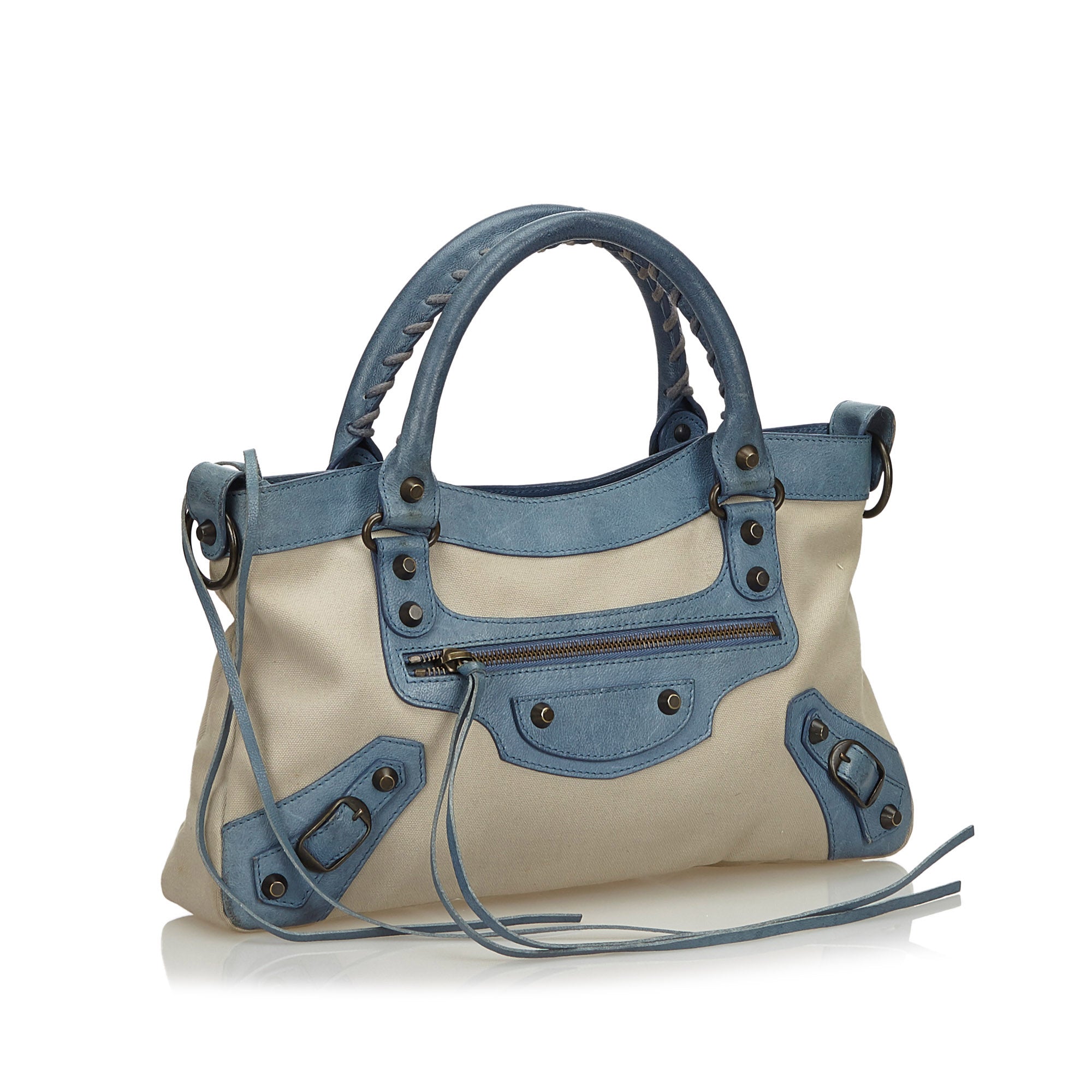 Buy & Consign Authentic Balenciaga Canvas Motocross Classic First Satchel Blue at The Plush Posh