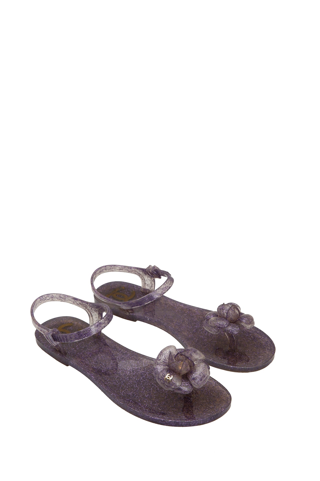 Chanel Glitter Jelly Camellia Ankle Strap Thong Flat Sandals Lavender