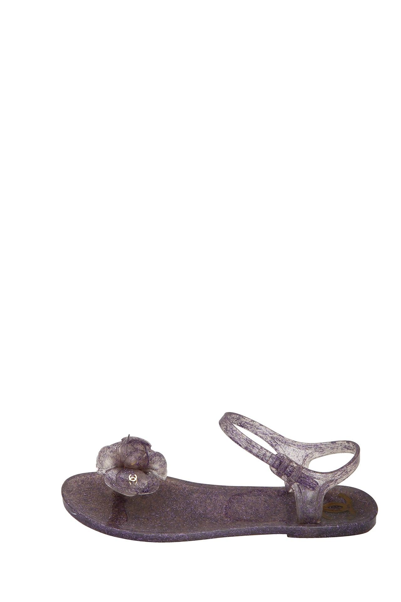 Chanel Glitter Jelly Camellia Ankle Strap Thong Flat Sandals Lavender