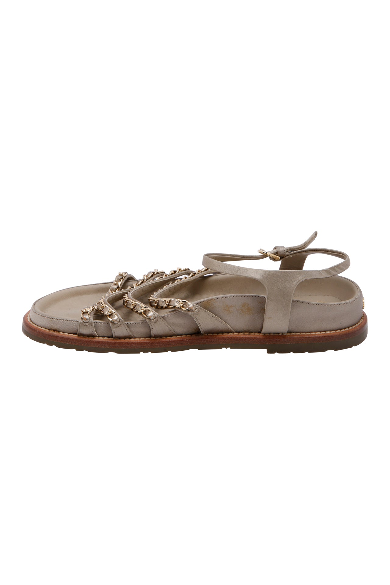 CHANEL Satin Lambskin Flat Sandals w/ 10mm Chain- Link Strap Size 38