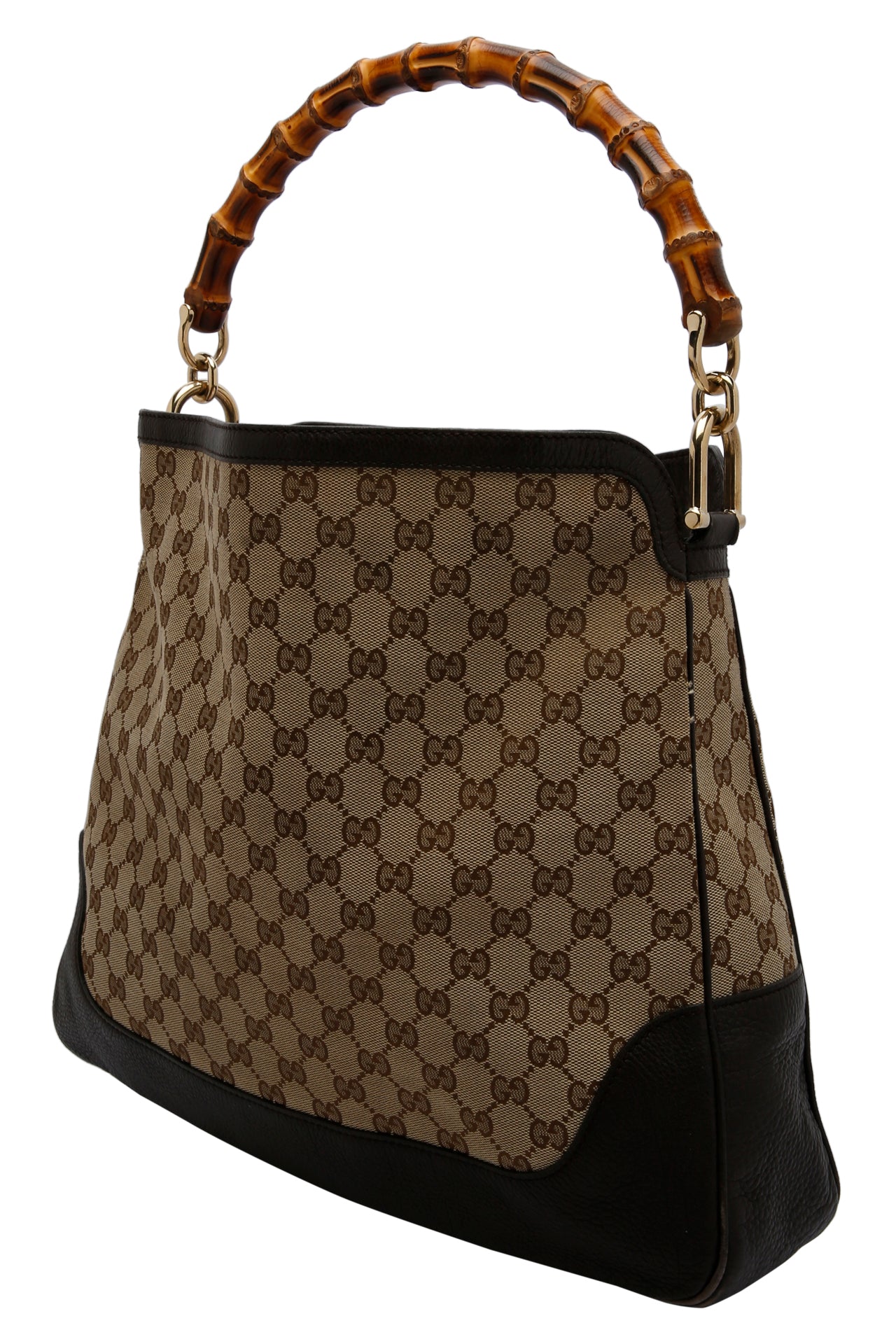 Gucci Beige Ebony GG Canvas Leather Peggy Bamboo Top Handle Bag