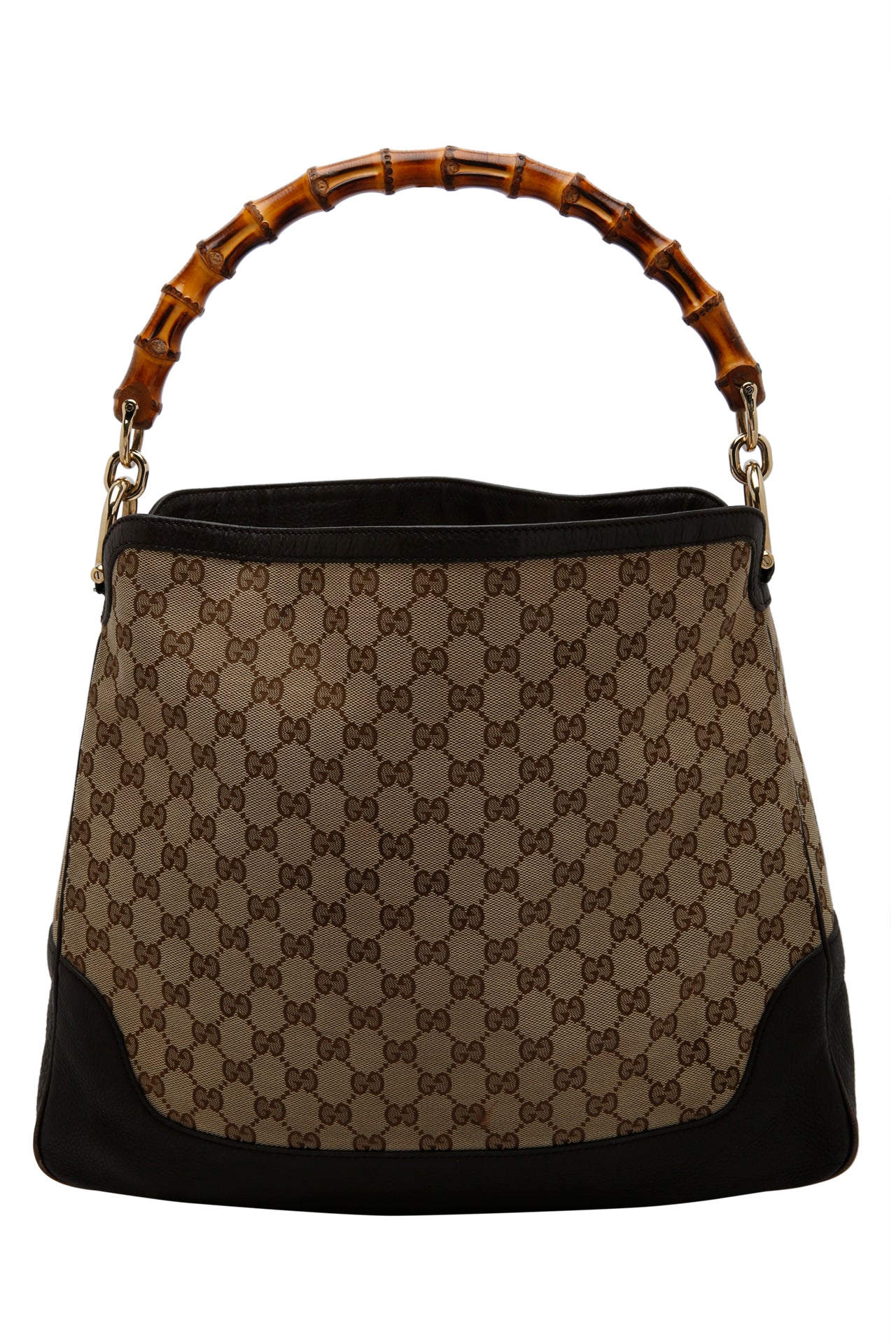 Gucci Beige Ebony GG Canvas Leather Peggy Bamboo Top Handle Bag