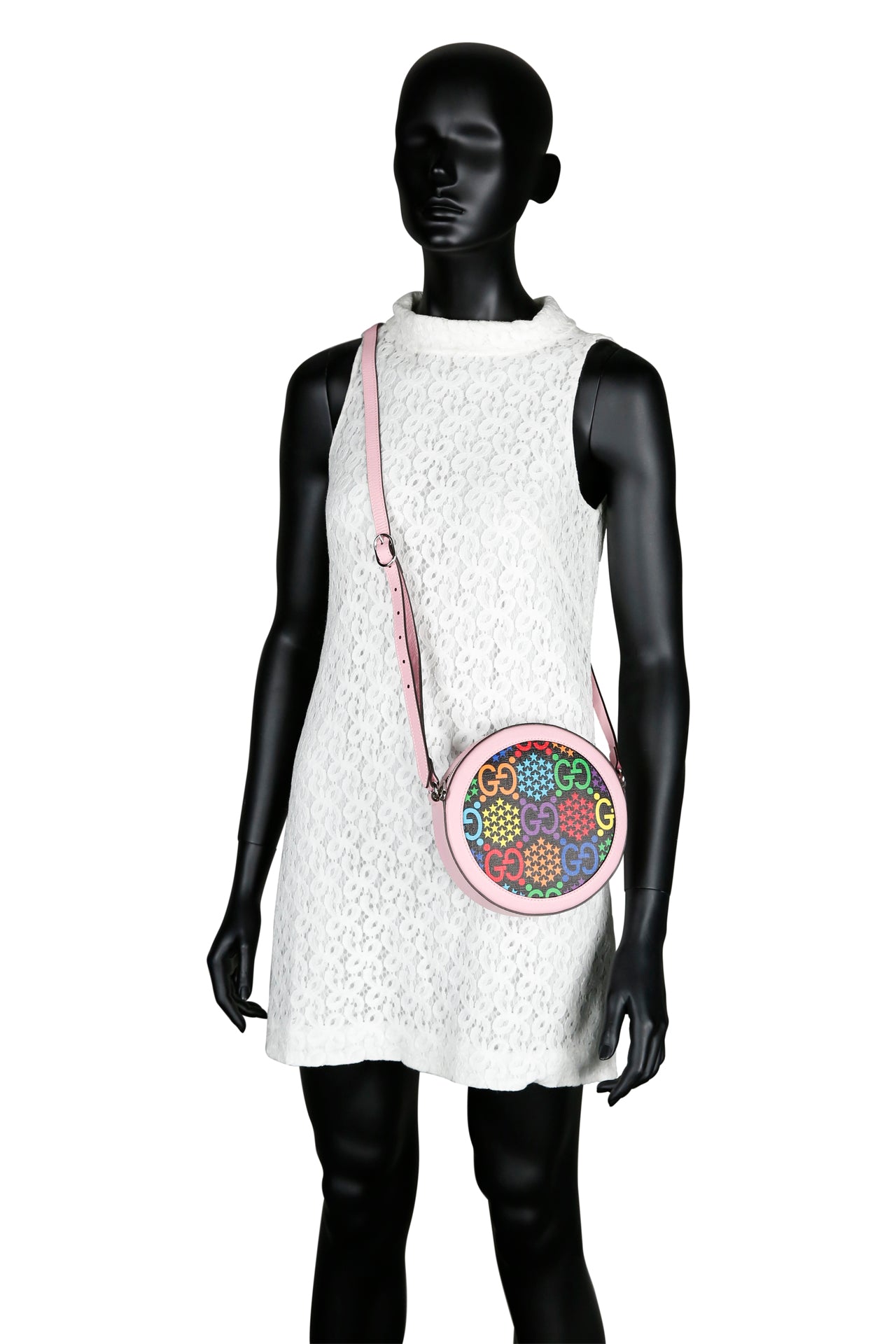 Gucci GG Supreme Monogram Psychedelic Round Shoulder Bag Black Multicolor Sugar Pink