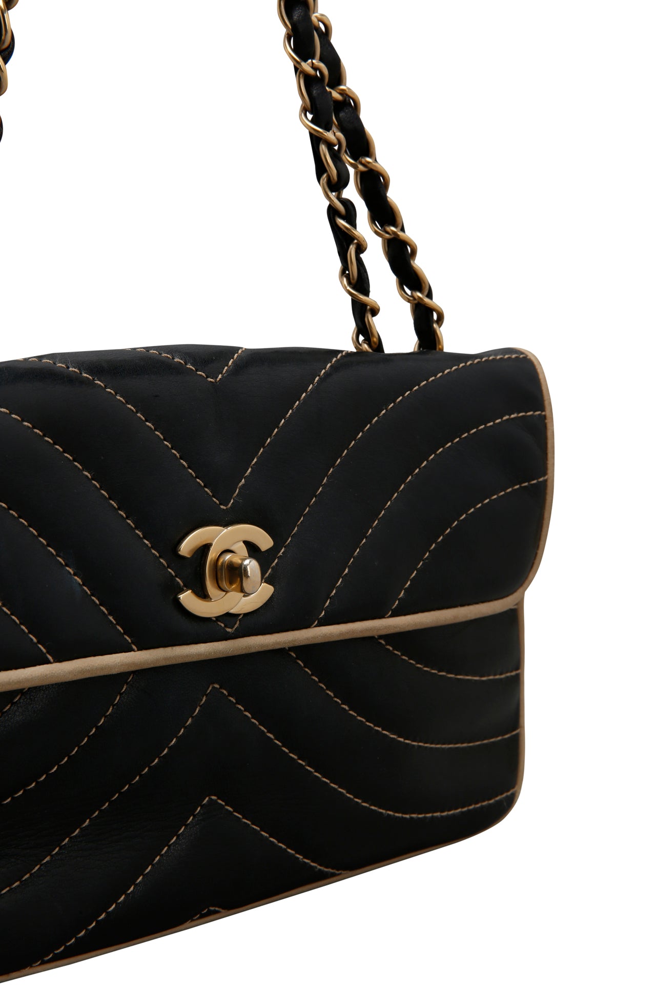Chanel Navy Blue Chevron Contrast Quilted Lambskin Flap Bag