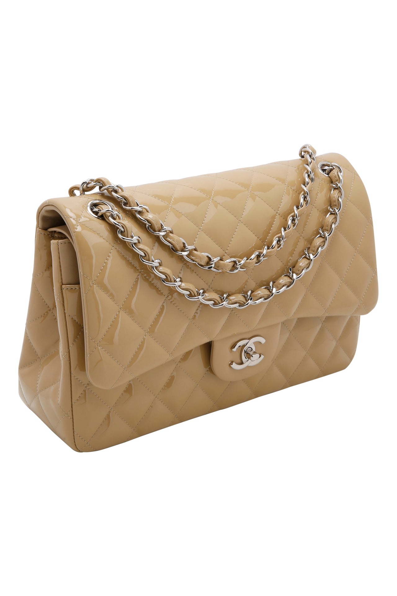 Chanel Beige Quilted Patent Leather Classic Jumbo Double Flap Bag