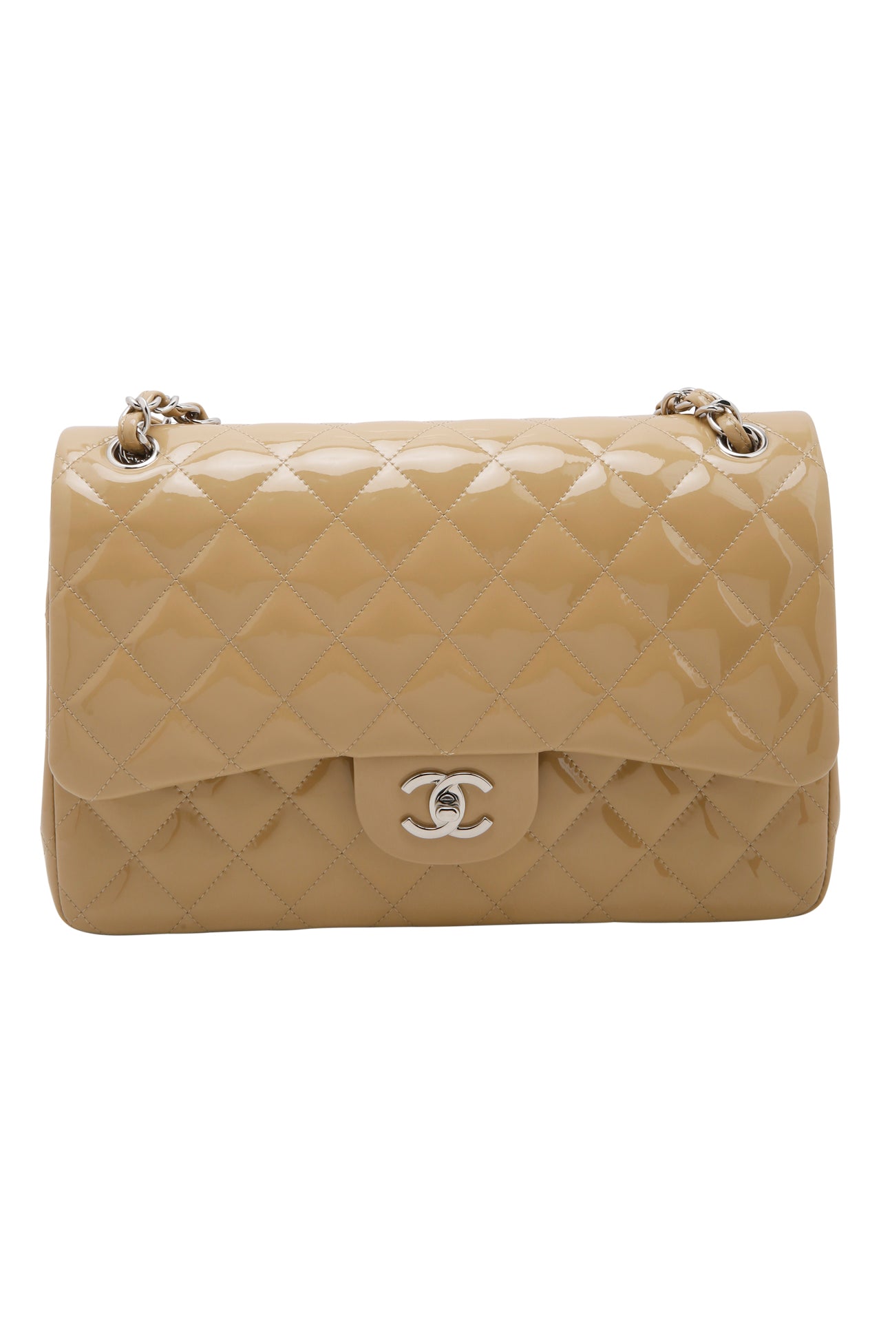 Chanel Jumbo Quilted Patent Leather Double Flap Beige