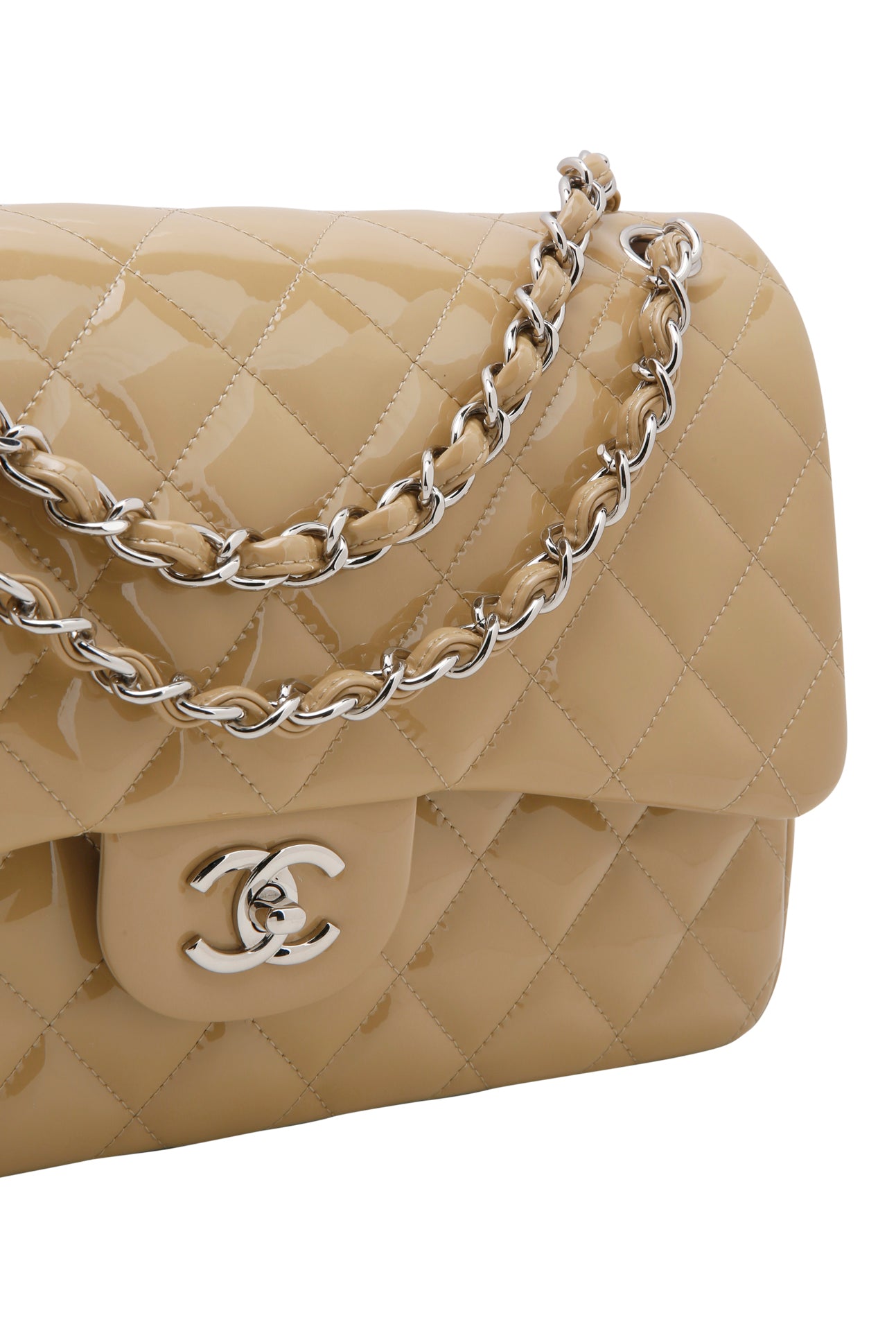Chanel Jumbo Quilted Patent Leather Double Flap Beige