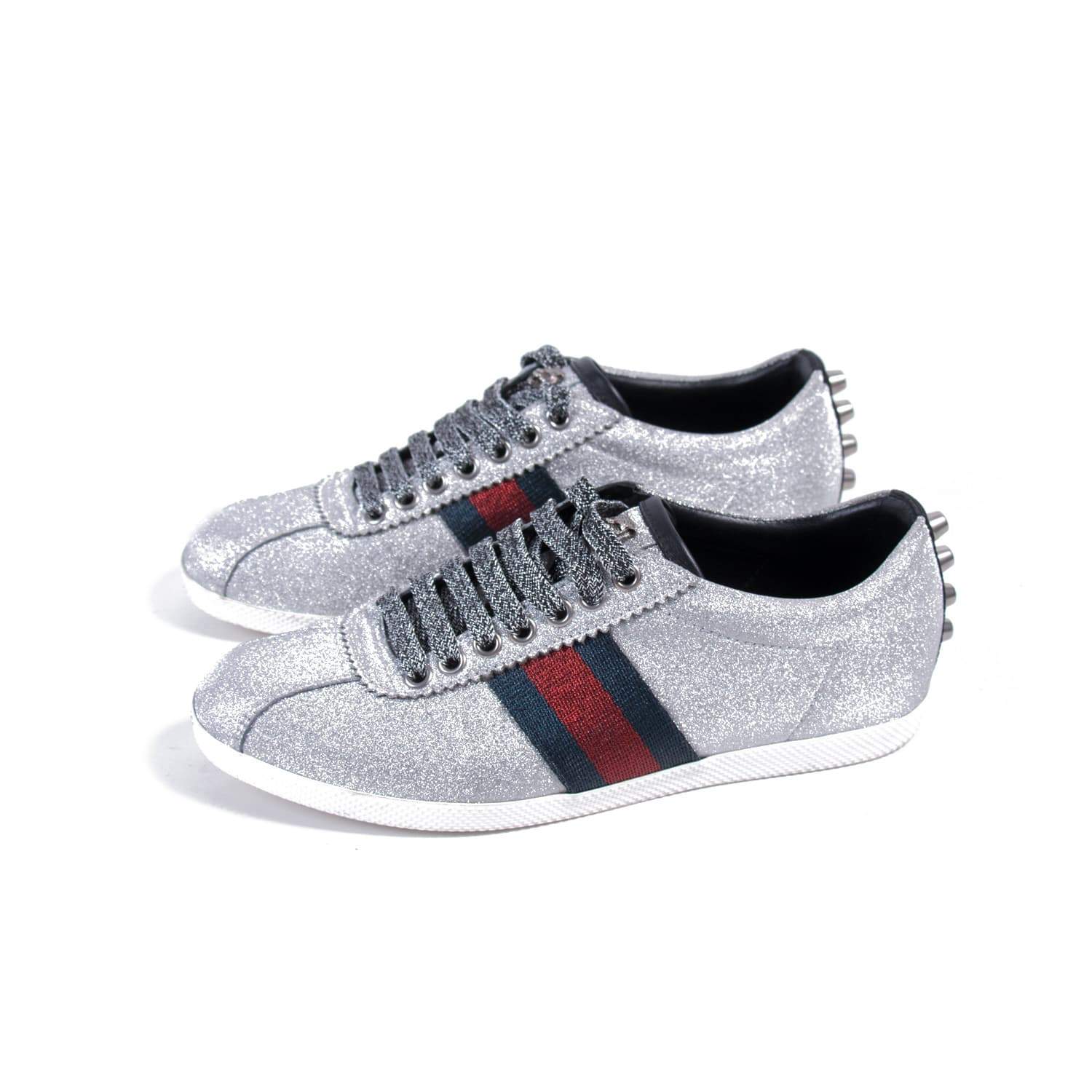 Buy & Consign Authentic Gucci Glitter Fabric Studded Web Sneakers Silver 36 at The Plush Posh
