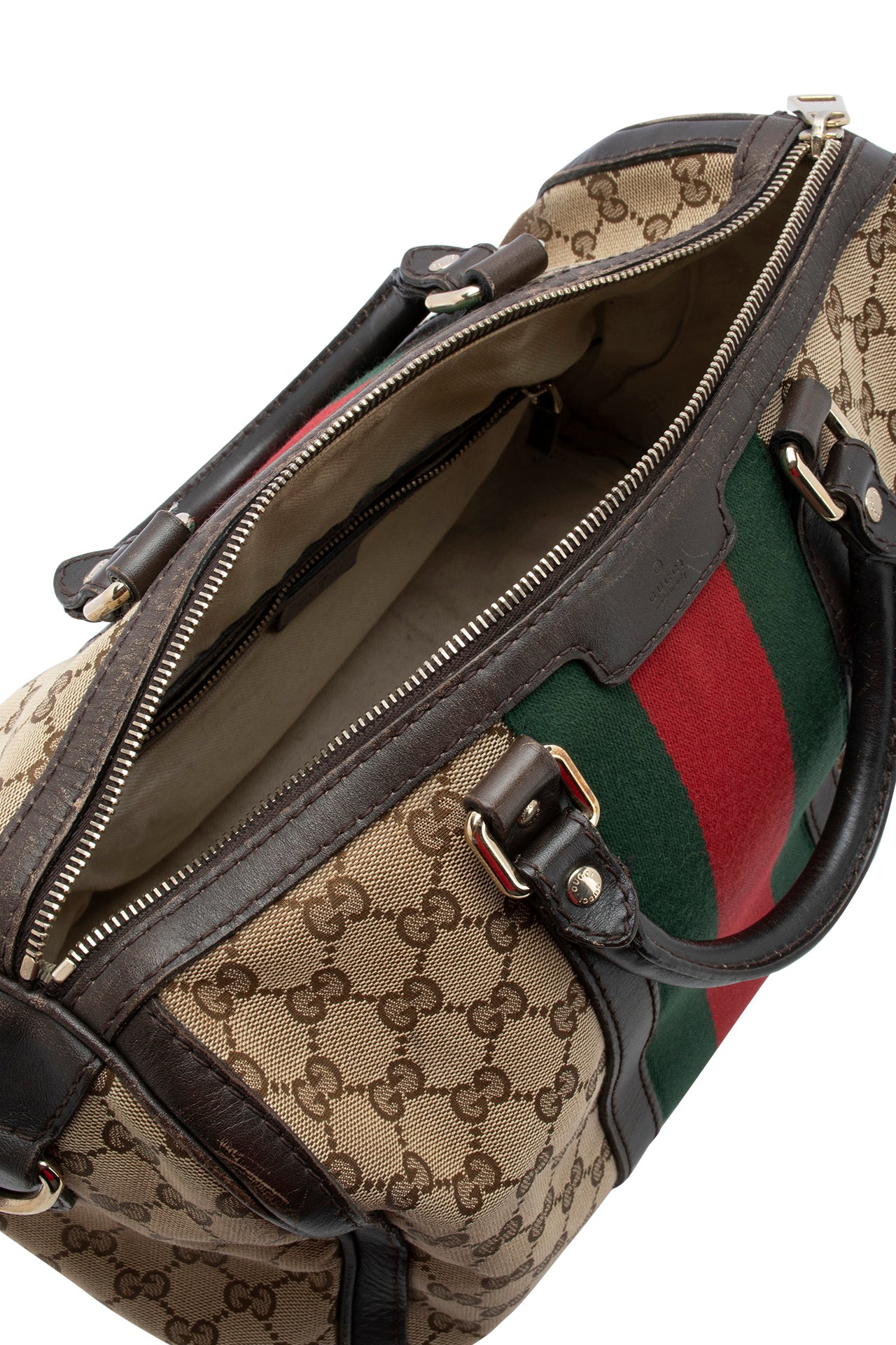 Gucci Beige Brown GG Canvas and Leather Medium Vintage Web Boston Bag