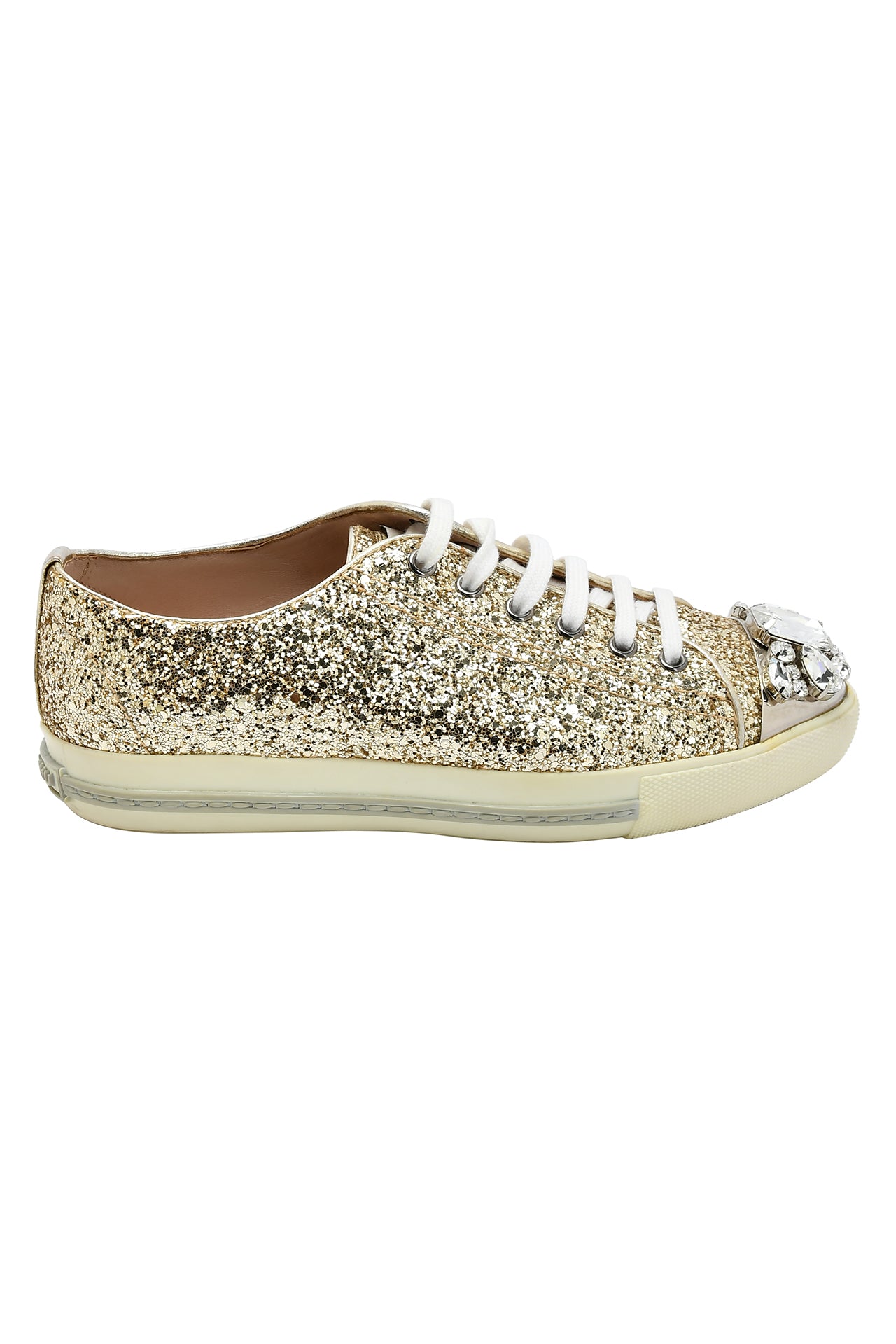 Miu Miu Coarse Glitter Leather Crystal Embellished Cap Toe Sneakers EU 36.5