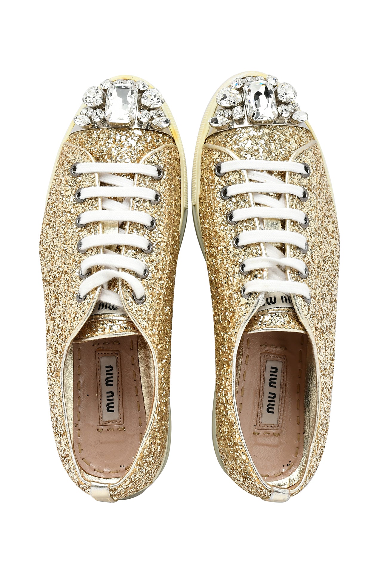 Miu Miu Coarse Glitter Leather Crystal Embellished Cap Toe Sneakers EU 36.5