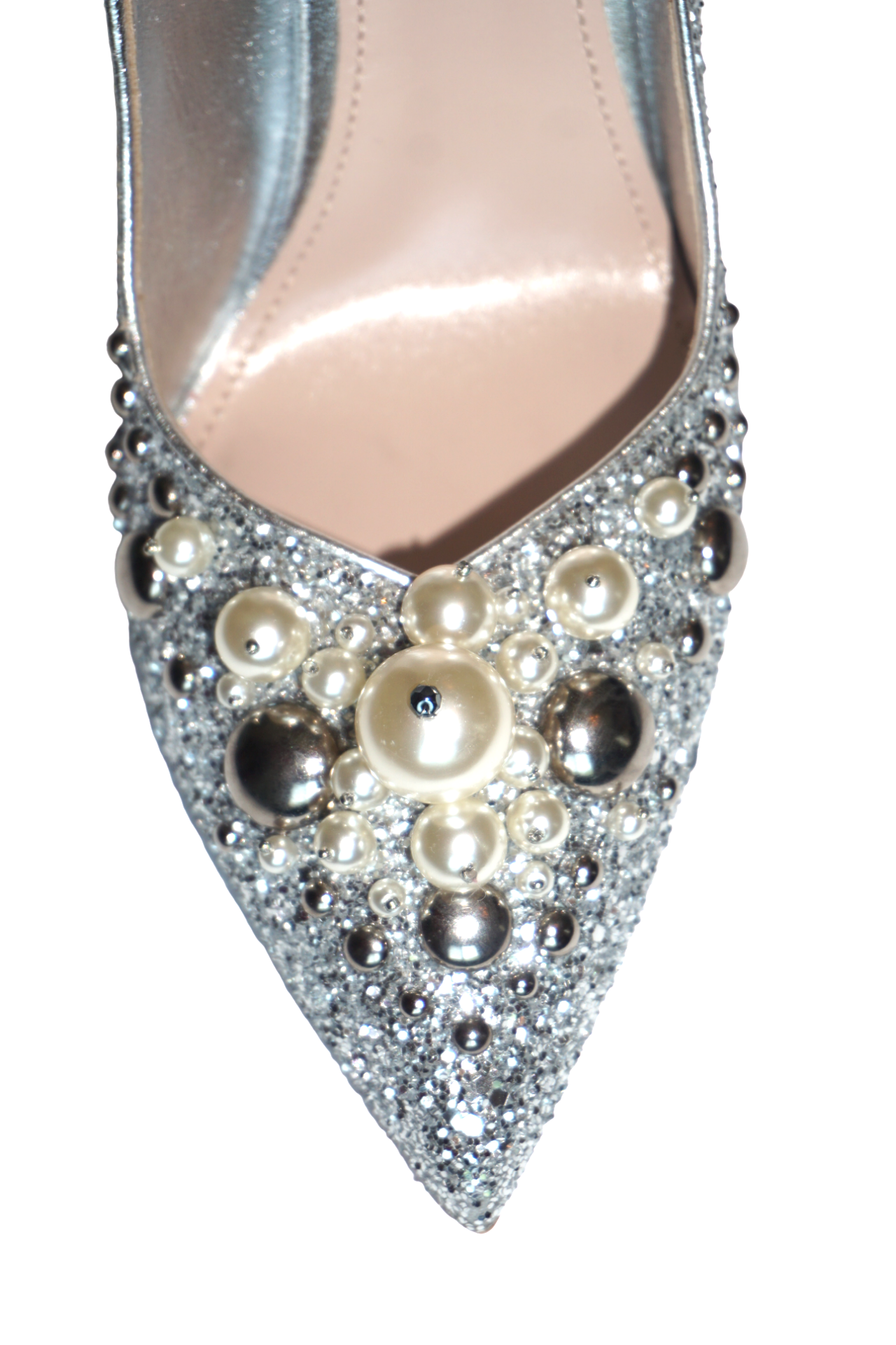 Miu Miu Pearl Embellished Glitter Pointed Toe Pumps